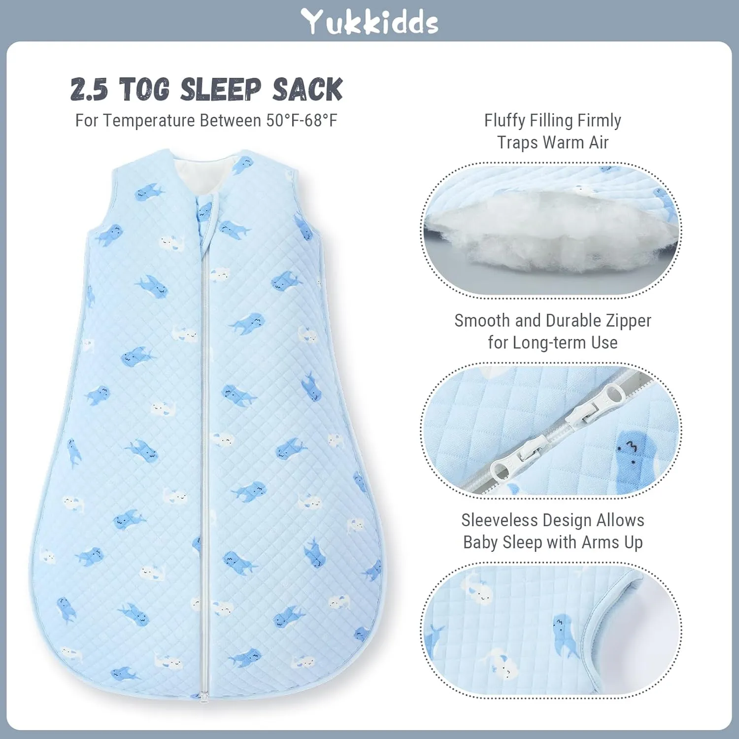 Baby Sleep Sack 6-12 Months TOG 2.5 Winter Wearable Blanket for Baby 100% Cotton Warm Sleeping Sack with 2-Way Zipper Blue