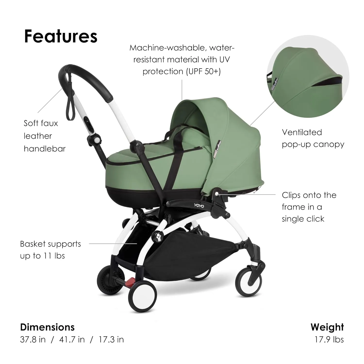 BABYZEN YOYO2 White Frame   Peppermint Bassinet - Includes Thick Double Mattress, Ventilated Shell & Canopy
