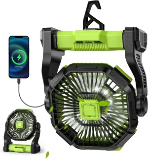 Battery Powered Fan -Camping Fan with Led Lantern, 12000mAh Portable Rechargeable, Battery Operated for Tent, Hook 4 Speed Quiet Personal for Desk, Travel, Fishing, Power Outage, Hurricane-Green