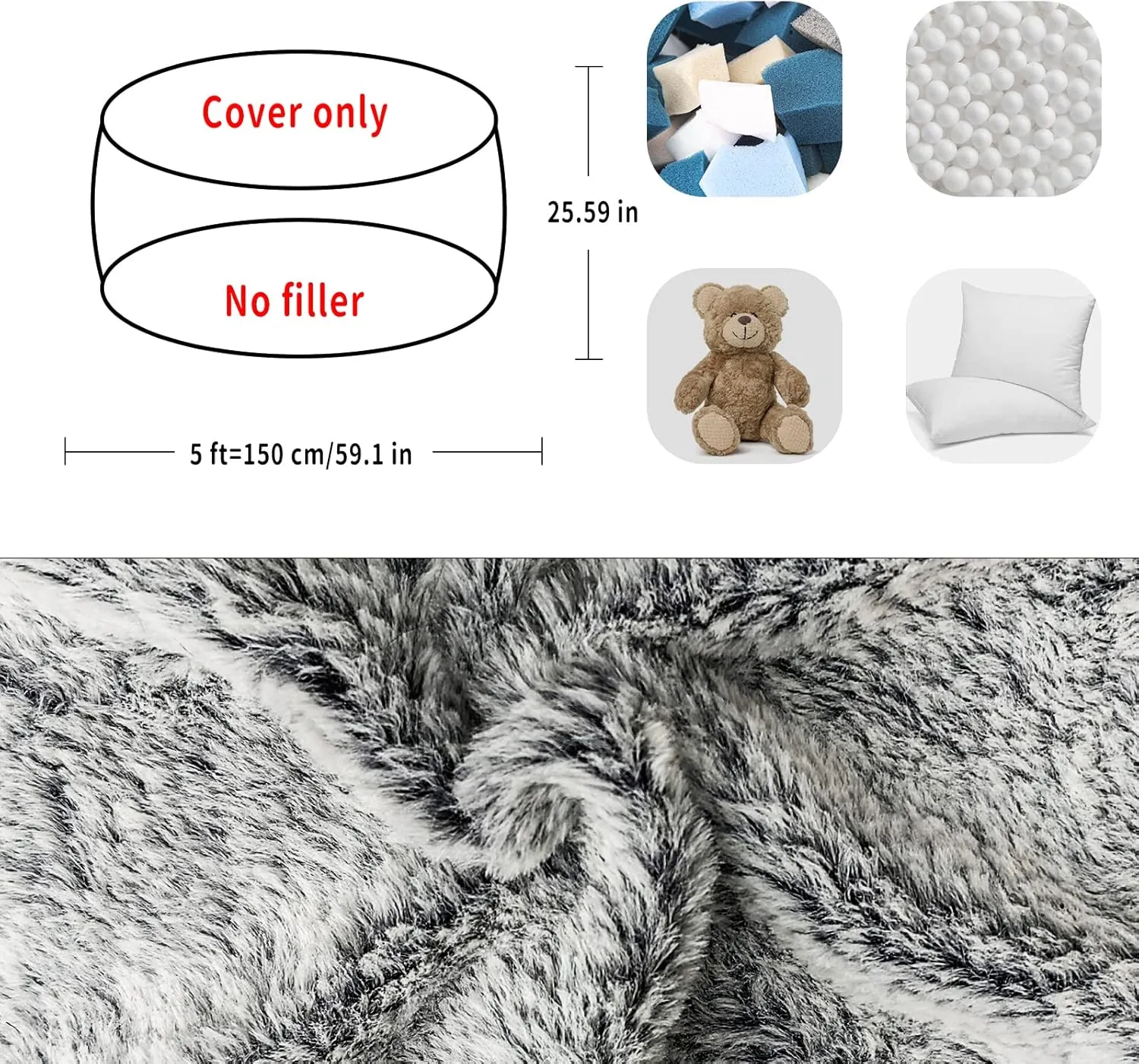 Bean Bag Chair Cover Without Filler,Big Round Soft Fluffy PV Velvet Washable Bean Bag Lazy Sofa Bed Cover for Adults,Living Room Bedroom Furniture Outside,5ft black(No Filler)