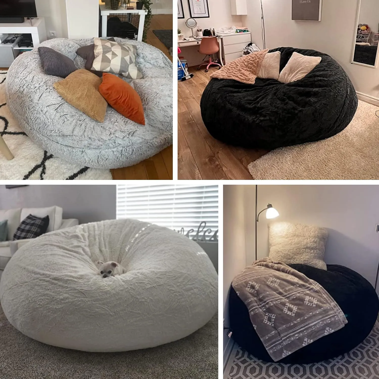 Bean Bag Chair Cover Without Filler,Big Round Soft Fluffy PV Velvet Washable Bean Bag Lazy Sofa Bed Cover for Adults,Living Room Bedroom Furniture Outside,5ft black(No Filler)