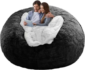 Bean Bag Chair Cover Without Filler,Big Round Soft Fluffy PV Velvet Washable Bean Bag Lazy Sofa Bed Cover for Adults,Living Room Bedroom Furniture Outside,5ft black(No Filler)