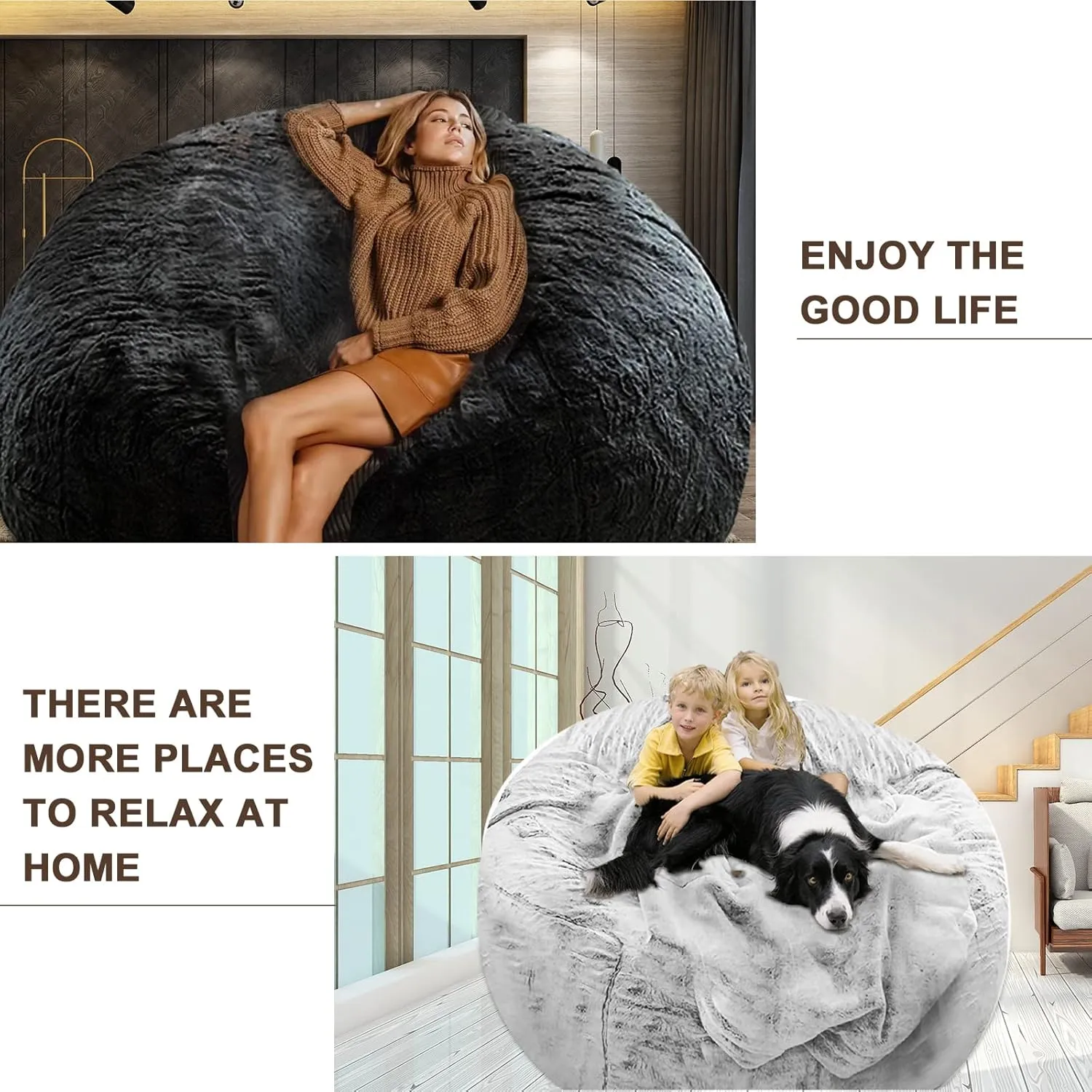 Bean Bag Chair Cover Without Filler,Big Round Soft Fluffy PV Velvet Washable Bean Bag Lazy Sofa Bed Cover for Adults,Living Room Bedroom Furniture Outside,5ft black(No Filler)