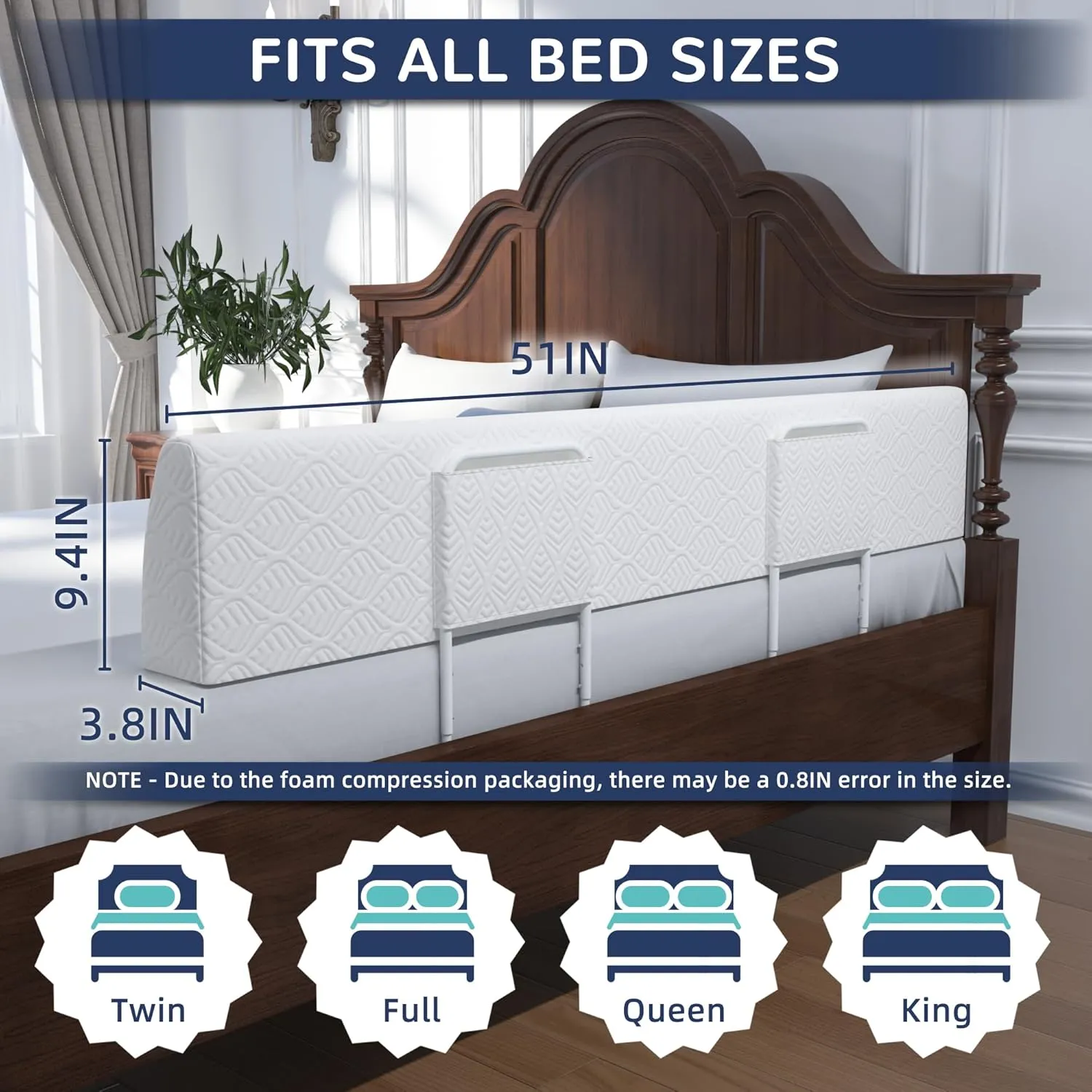 Bed Bumper for Toddlers, Foam Bed Rail for Toddlers, Toddler Bed Rail Bumper, Soft Safety Bed Guard Rail for Kids, Bed Side Rail for Twin, Full, Queen & King Beds (White, 51IN)