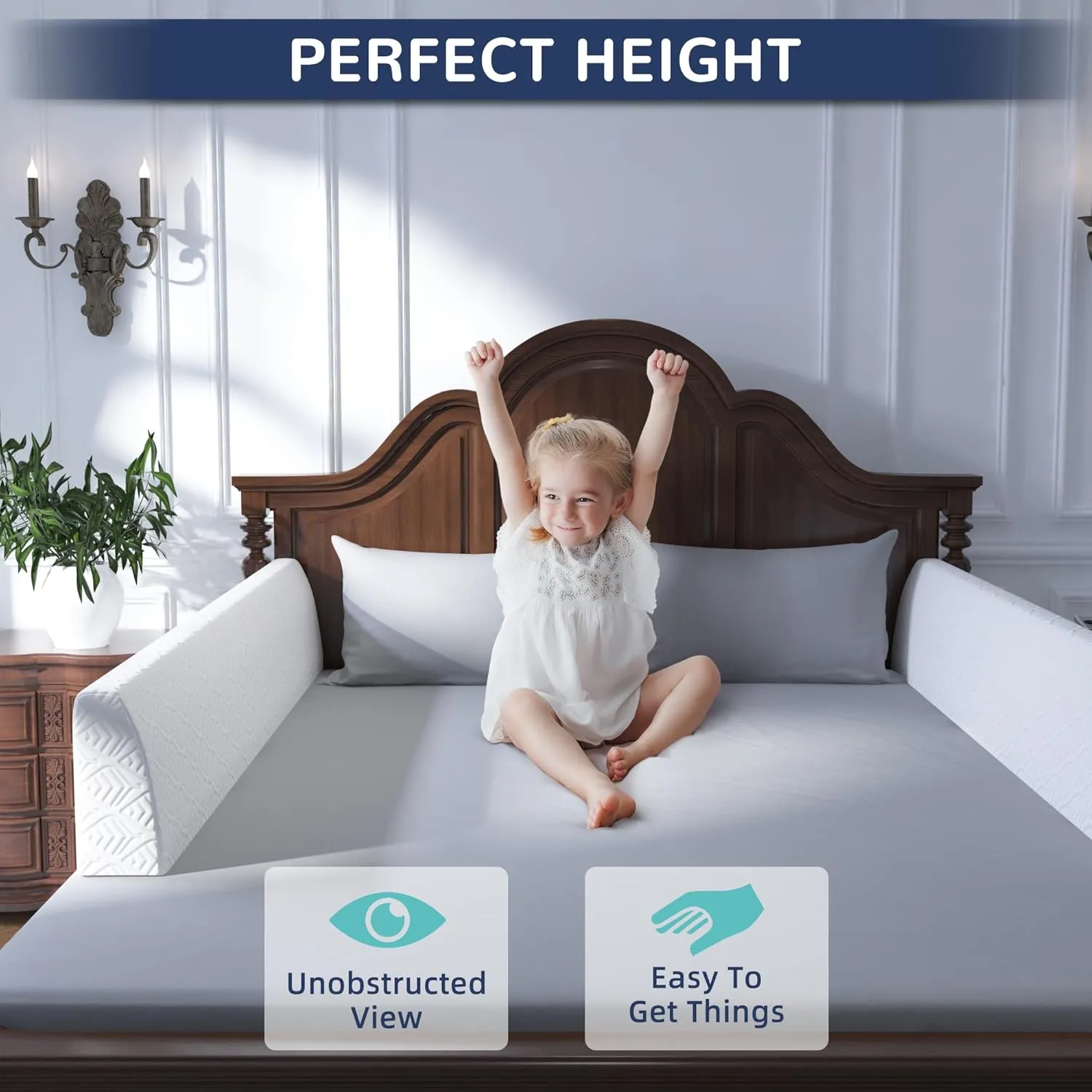 Bed Bumper for Toddlers, Foam Bed Rail for Toddlers, Toddler Bed Rail Bumper, Soft Safety Bed Guard Rail for Kids, Bed Side Rail for Twin, Full, Queen & King Beds (White, 51IN)