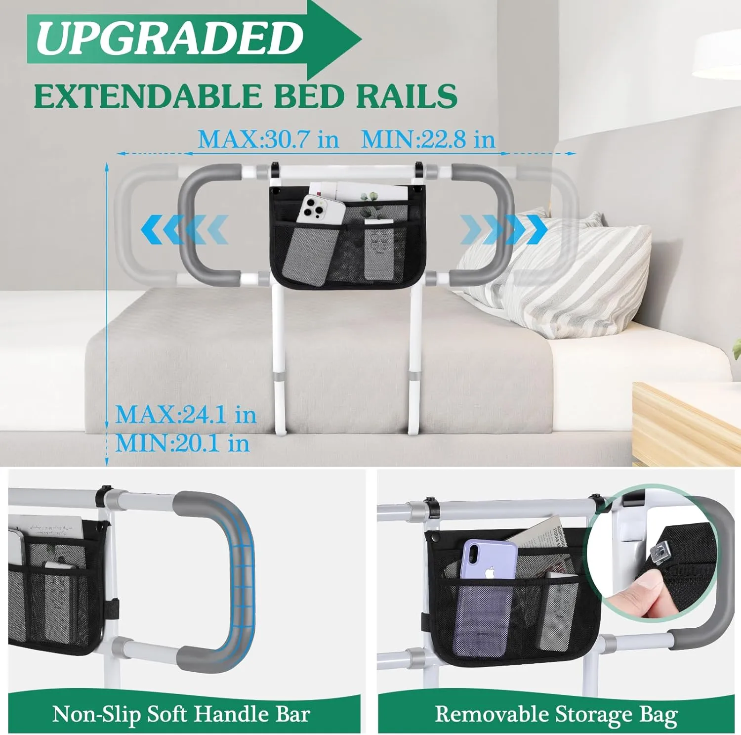 Bed Rails for Elderly Adults Safety - Extended Bed Assist Rail for Seniors - Adjustable Bed Side Rails Handle Support Bar Bed Guard Rail with Storage Bag & Fixing Strap, Fit King Queen Full Twin Bed
