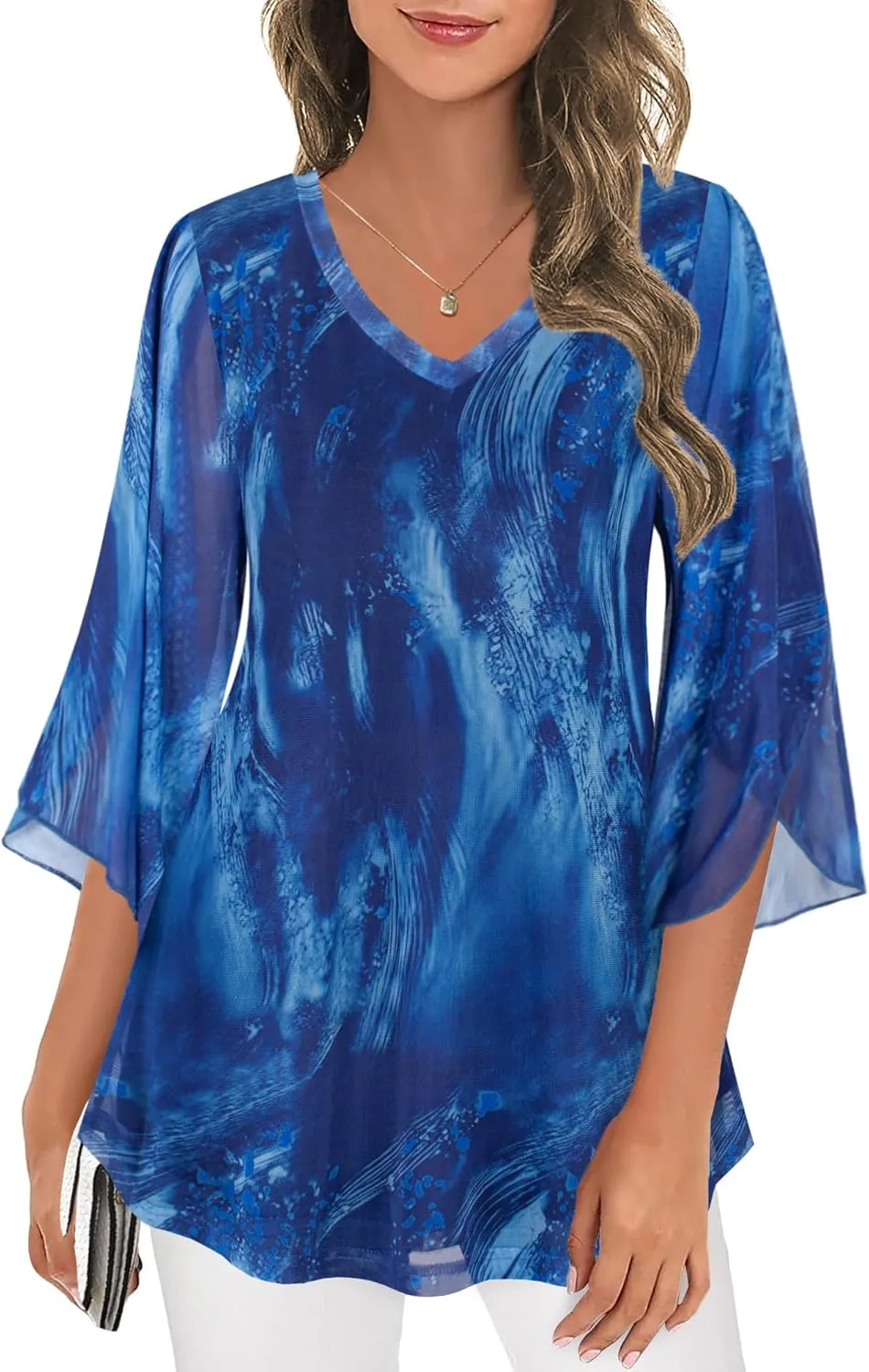 BEPEI Women's Tops 3/4 Sleeve Dressy Casual Blouses V Neck Double Layers Shirts