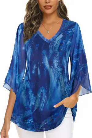 BEPEI Women's Tops 3/4 Sleeve Dressy Casual Blouses V Neck Double Layers Shirts
