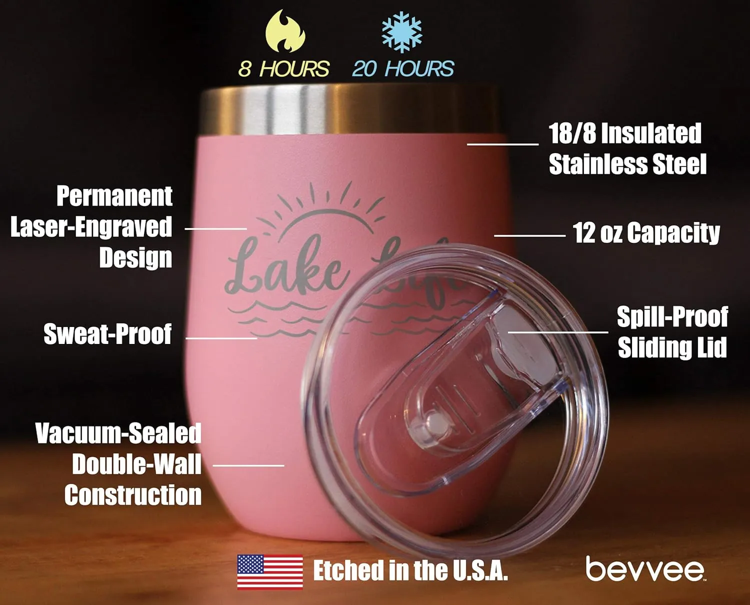 Bevvee Lake Life - Wine Tumbler with Sliding Lid - Stemless Stainless Steel Insulated Cup - Cute Outdoor Camping Mug - Pink