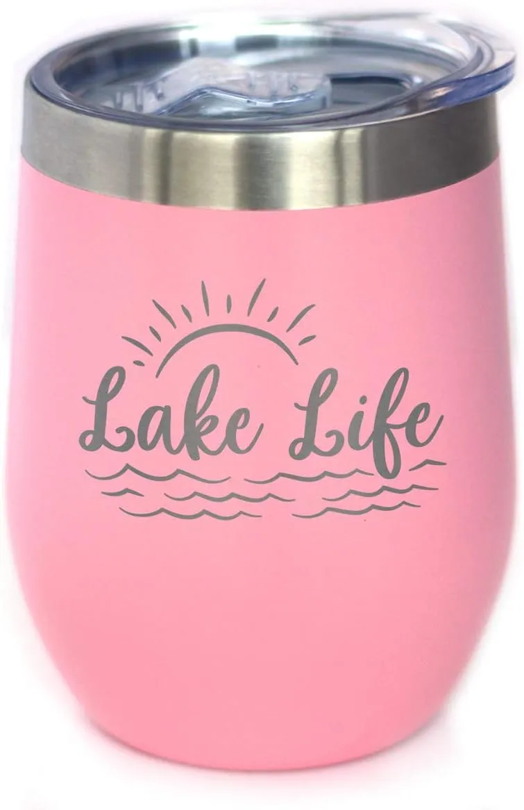 Bevvee Lake Life - Wine Tumbler with Sliding Lid - Stemless Stainless Steel Insulated Cup - Cute Outdoor Camping Mug - Pink