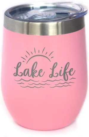 Bevvee Lake Life - Wine Tumbler with Sliding Lid - Stemless Stainless Steel Insulated Cup - Cute Outdoor Camping Mug - Pink