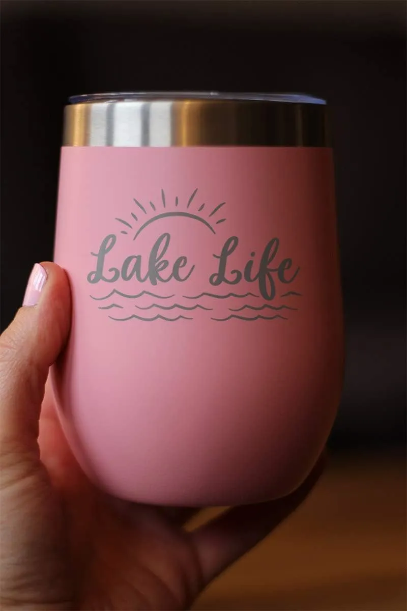 Bevvee Lake Life - Wine Tumbler with Sliding Lid - Stemless Stainless Steel Insulated Cup - Cute Outdoor Camping Mug - Pink