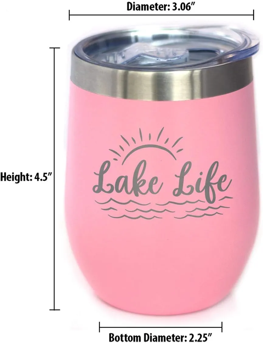 Bevvee Lake Life - Wine Tumbler with Sliding Lid - Stemless Stainless Steel Insulated Cup - Cute Outdoor Camping Mug - Pink