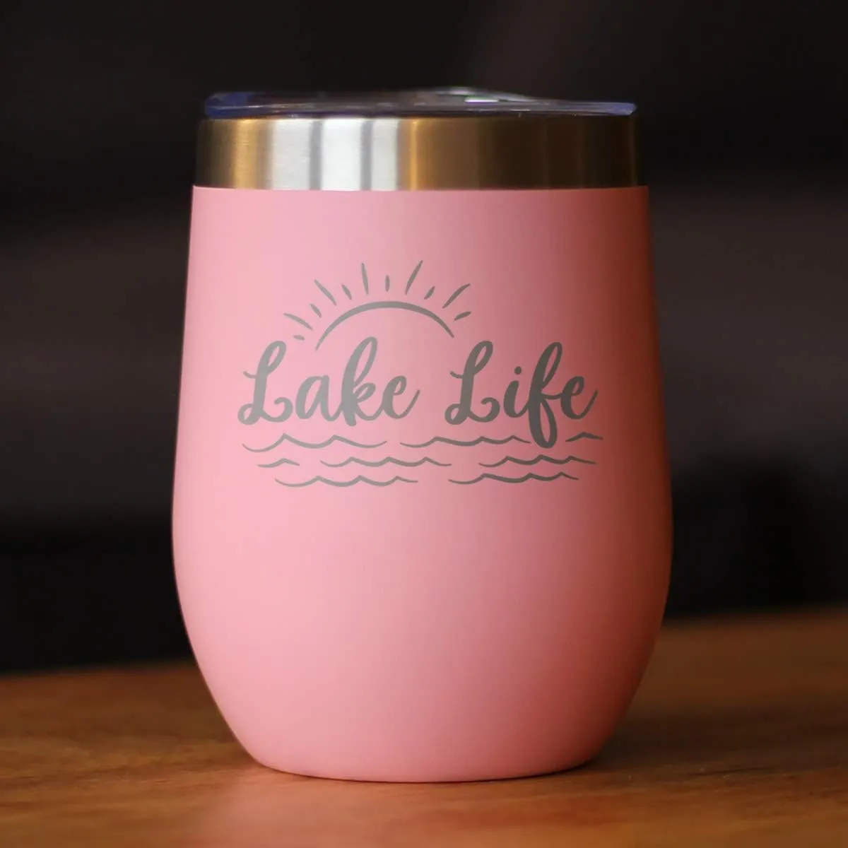 Bevvee Lake Life - Wine Tumbler with Sliding Lid - Stemless Stainless Steel Insulated Cup - Cute Outdoor Camping Mug - Pink