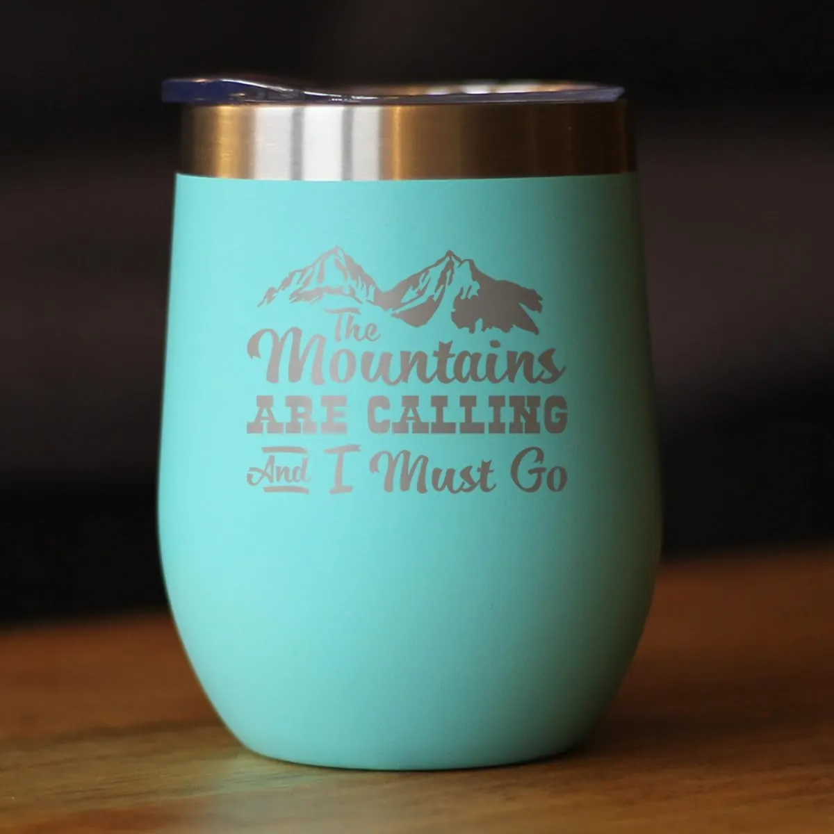 Bevvee Mountains Are Calling - Wine Tumbler Glass with Sliding Lid - Stemless Stainless Steel Insulated Cup - Outdoor Hiking & Camping Gift - Teal