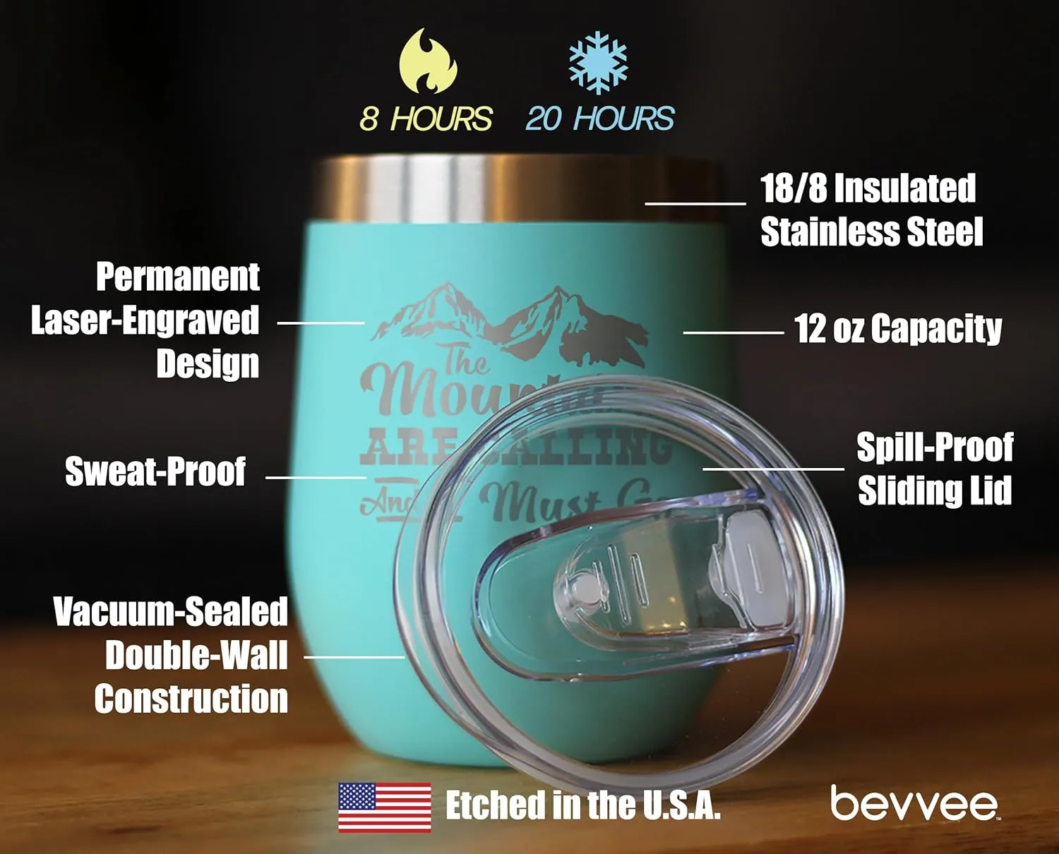 Bevvee Mountains Are Calling - Wine Tumbler Glass with Sliding Lid - Stemless Stainless Steel Insulated Cup - Outdoor Hiking & Camping Gift - Teal