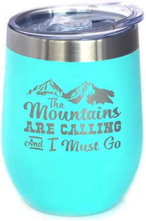 Bevvee Mountains Are Calling - Wine Tumbler Glass with Sliding Lid - Stemless Stainless Steel Insulated Cup - Outdoor Hiking & Camping Gift - Teal