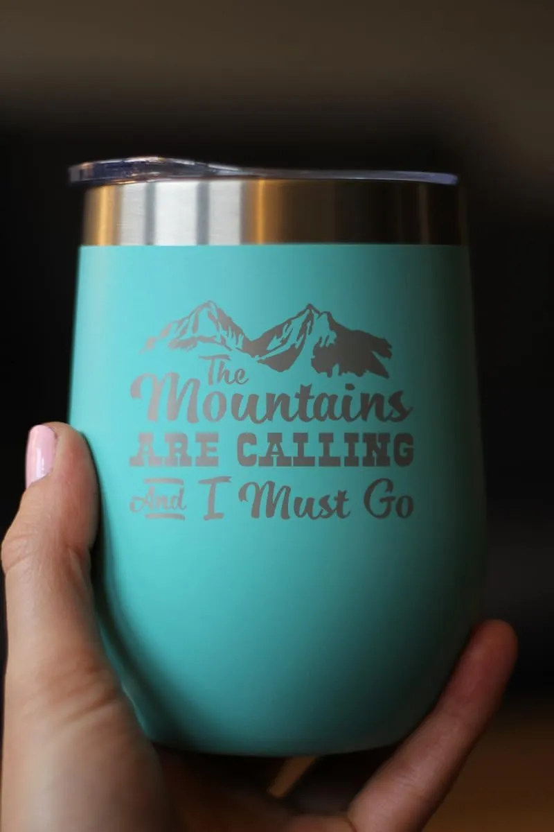 Bevvee Mountains Are Calling - Wine Tumbler Glass with Sliding Lid - Stemless Stainless Steel Insulated Cup - Outdoor Hiking & Camping Gift - Teal