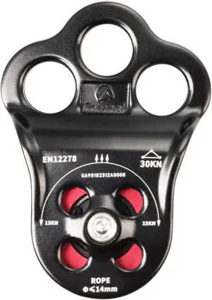 Black 30KN Ball Bearing Three Holes Single Pulley Bearing High Altitude Rescue Equipment for 14mm Rope Hauling, Rock Climbing, Rescue Applications, Zipline Sports Etc
