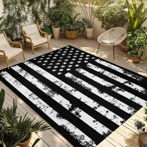 Black White Outdoor Rug 5x8ft Large Patio Rug,Washable RV Camping Outside Area Runner Rug Mat,Retro Stars Stripes Flag Shabby Chic Texture Carpet for Picnic Backyard Deck Porch Balcony Beach & Indoor