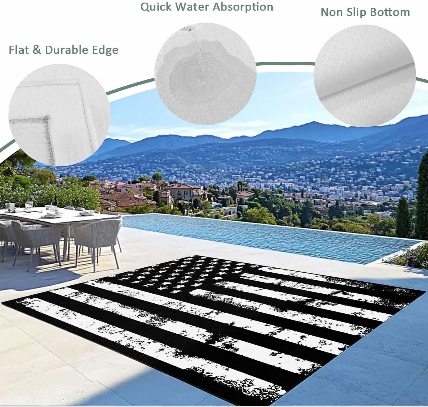 Black White Outdoor Rug 5x8ft Large Patio Rug,Washable RV Camping Outside Area Runner Rug Mat,Retro Stars Stripes Flag Shabby Chic Texture Carpet for Picnic Backyard Deck Porch Balcony Beach & Indoor