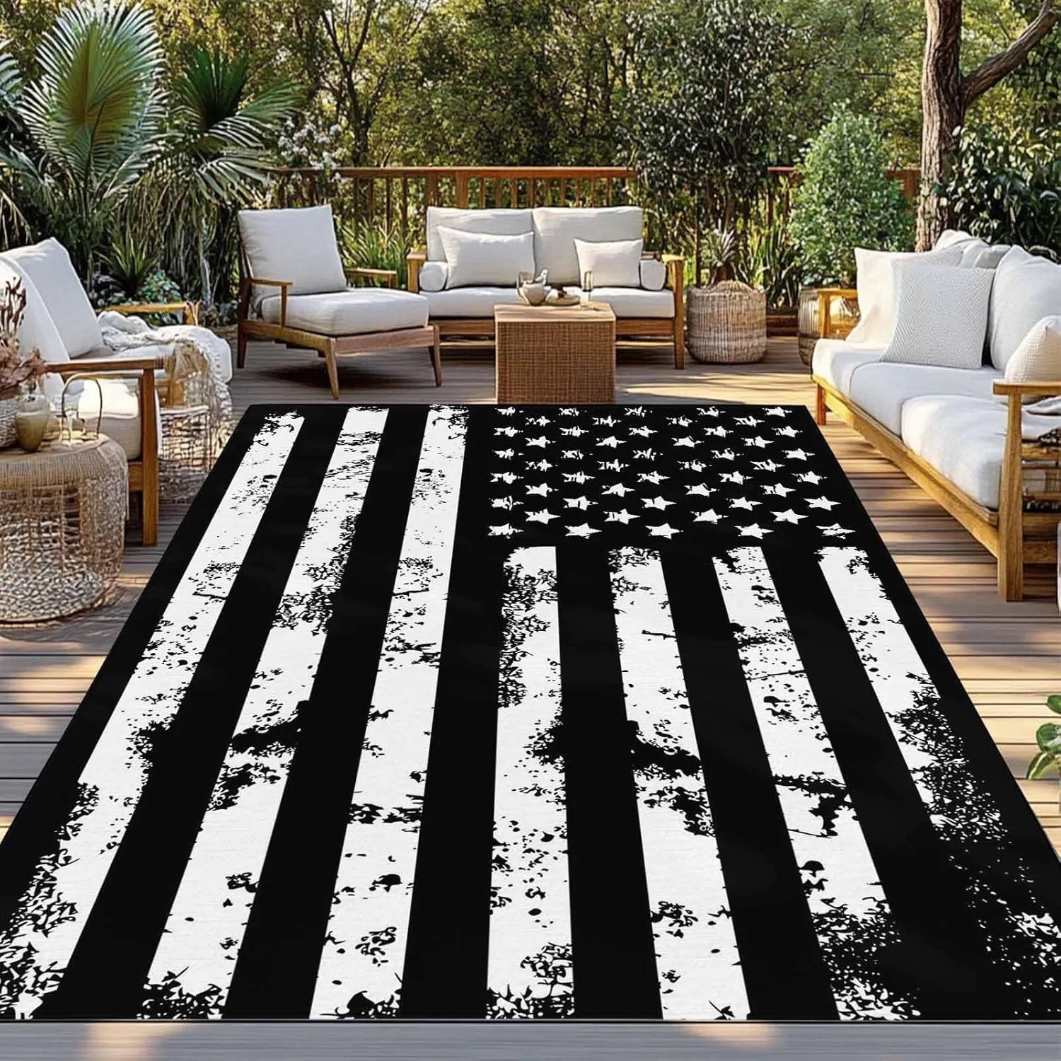 Black White Outdoor Rug 5x8ft Large Patio Rug,Washable RV Camping Outside Area Runner Rug Mat,Retro Stars Stripes Flag Shabby Chic Texture Carpet for Picnic Backyard Deck Porch Balcony Beach & Indoor