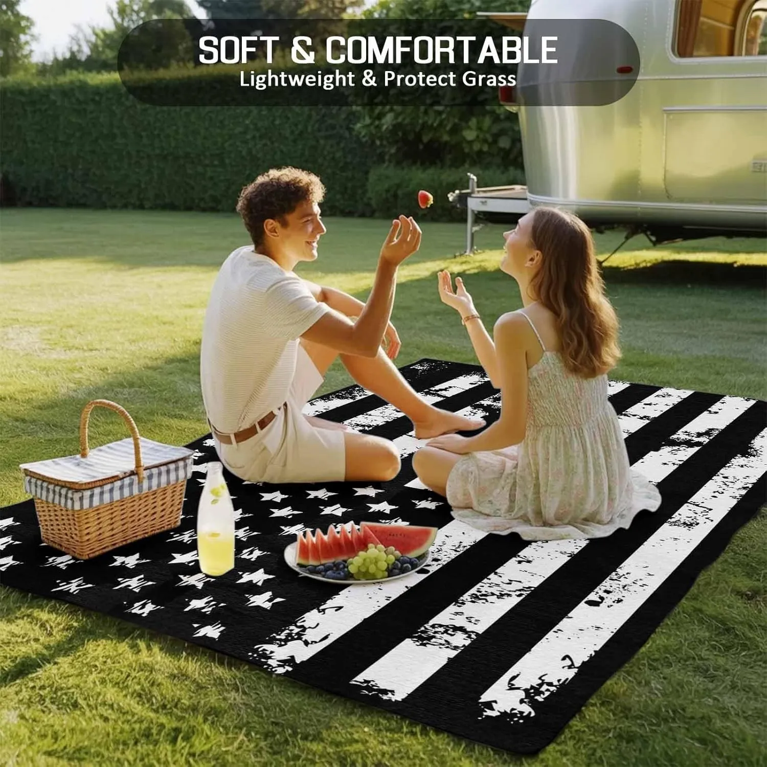 Black White Outdoor Rug 5x8ft Large Patio Rug,Washable RV Camping Outside Area Runner Rug Mat,Retro Stars Stripes Flag Shabby Chic Texture Carpet for Picnic Backyard Deck Porch Balcony Beach & Indoor