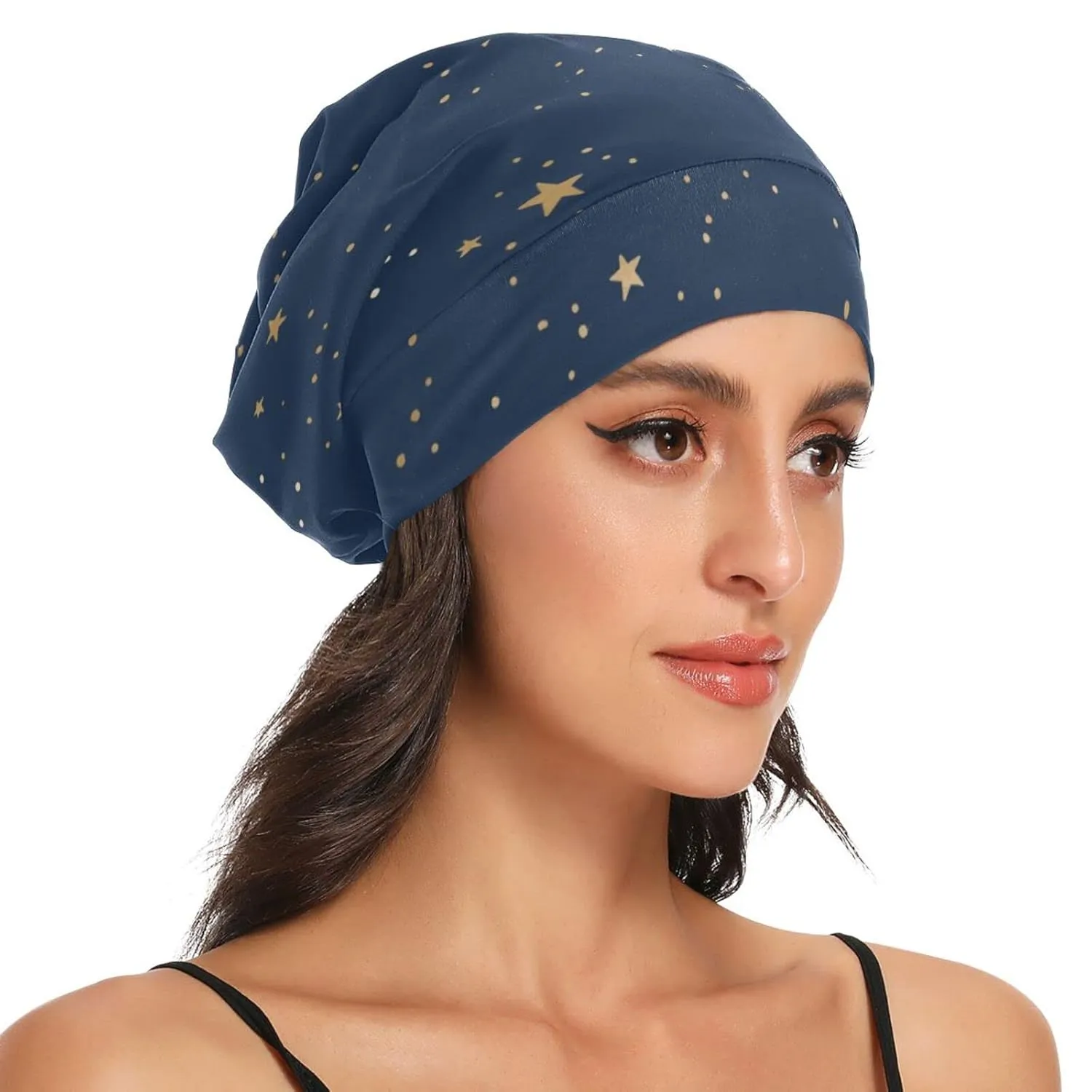 Bonnet Sleep Cap Hair Wrap Cover for Sleeping - Satin Lined Night Cap Slouchy Beanie for Men Women - Dark Blue Night Sky