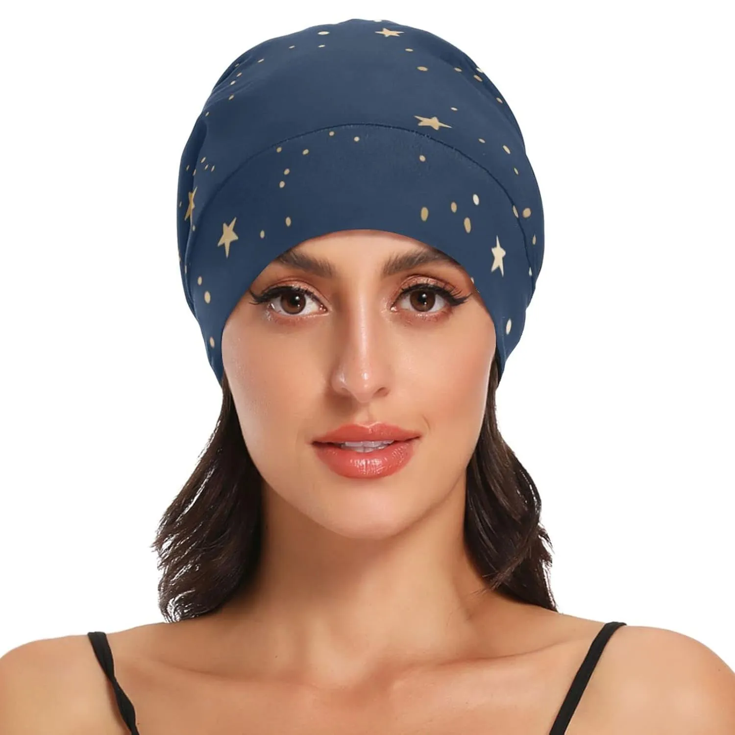 Bonnet Sleep Cap Hair Wrap Cover for Sleeping - Satin Lined Night Cap Slouchy Beanie for Men Women - Dark Blue Night Sky