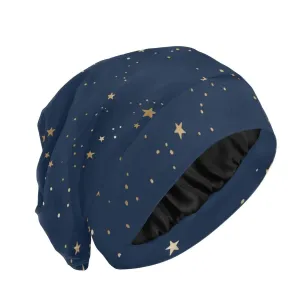 Bonnet Sleep Cap Hair Wrap Cover for Sleeping - Satin Lined Night Cap Slouchy Beanie for Men Women - Dark Blue Night Sky