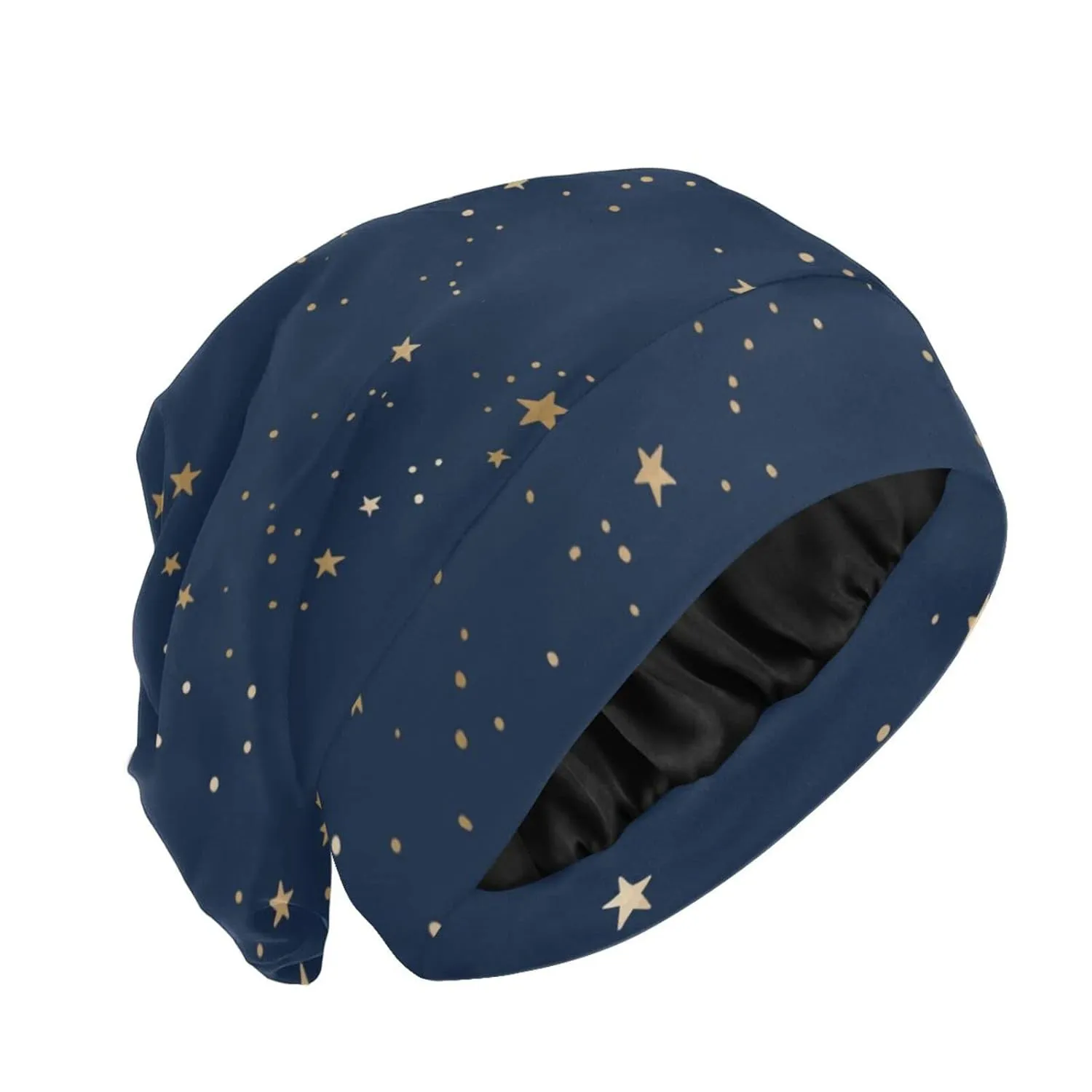 Bonnet Sleep Cap Hair Wrap Cover for Sleeping - Satin Lined Night Cap Slouchy Beanie for Men Women - Dark Blue Night Sky