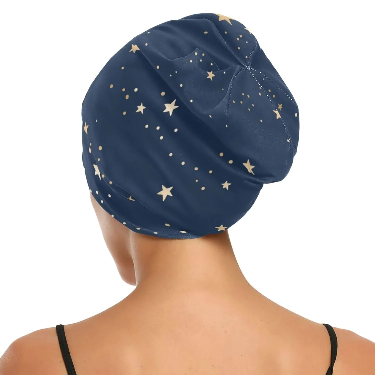 Bonnet Sleep Cap Hair Wrap Cover for Sleeping - Satin Lined Night Cap Slouchy Beanie for Men Women - Dark Blue Night Sky