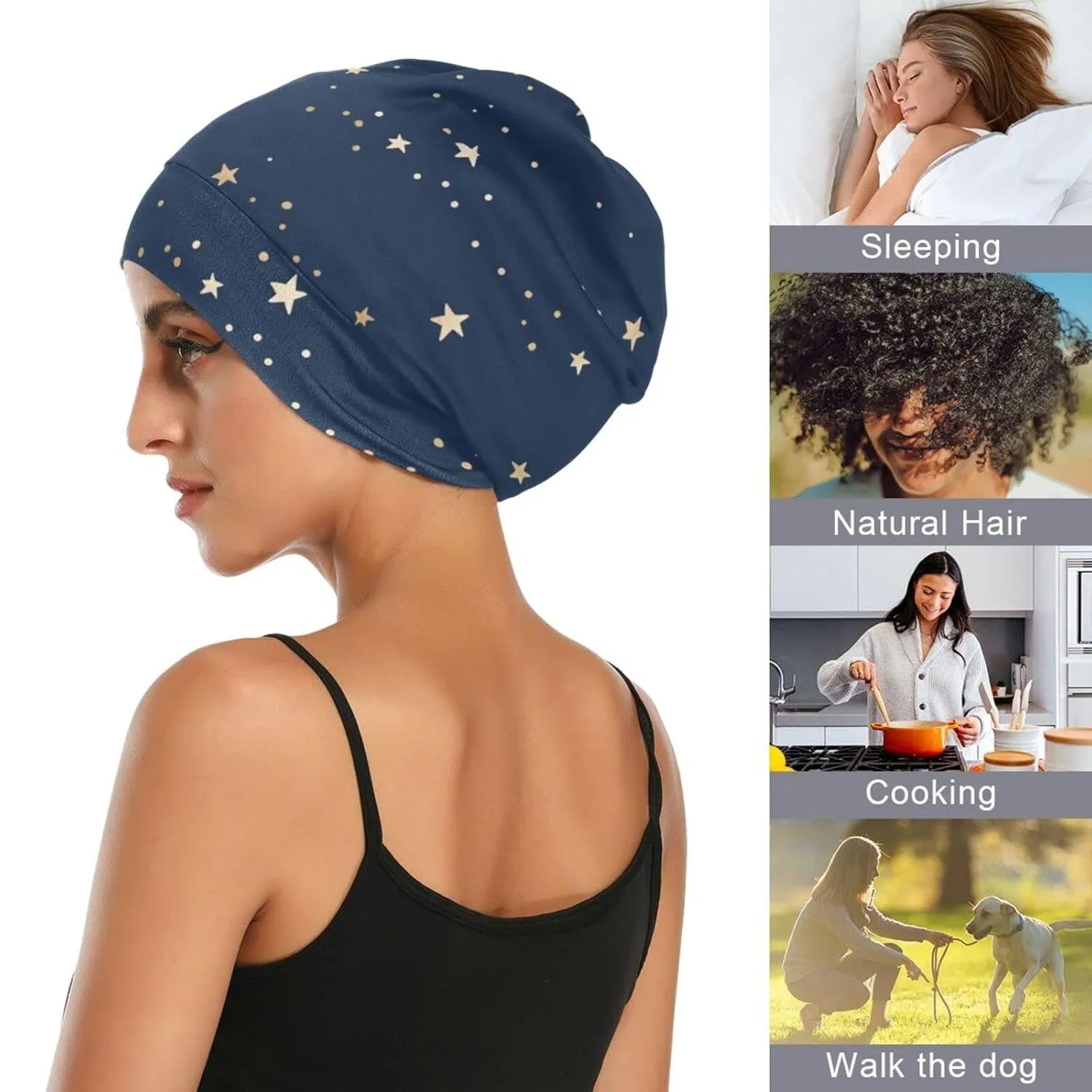 Bonnet Sleep Cap Hair Wrap Cover for Sleeping - Satin Lined Night Cap Slouchy Beanie for Men Women - Dark Blue Night Sky