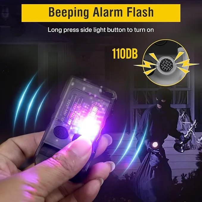 BORUIT V20 Small Powerful Flashlight 1000LM with Red Blue Warm Light, 180° Head Swivels 110dB Buzzer - Mini Keychain Pocket Rechargeable LED Flashlights USB EDC Clip Flash Light