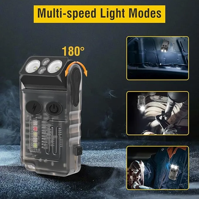 BORUIT V20 Small Powerful Flashlight 1000LM with Red Blue Warm Light, 180° Head Swivels 110dB Buzzer - Mini Keychain Pocket Rechargeable LED Flashlights USB EDC Clip Flash Light