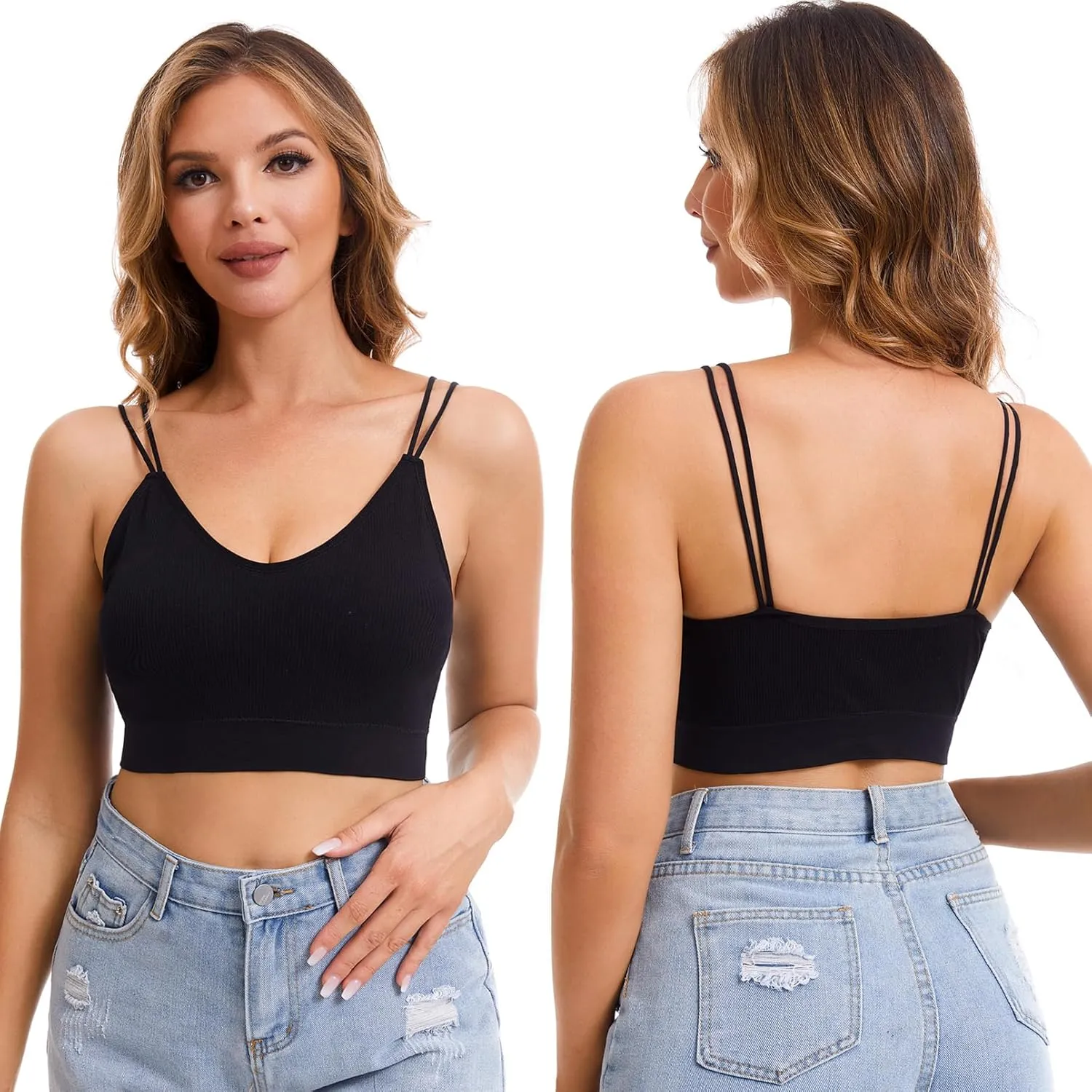 BQTQ 6 Pcs V Neck Bralettes for Women Padded Bralette with Straps Seamless Bra