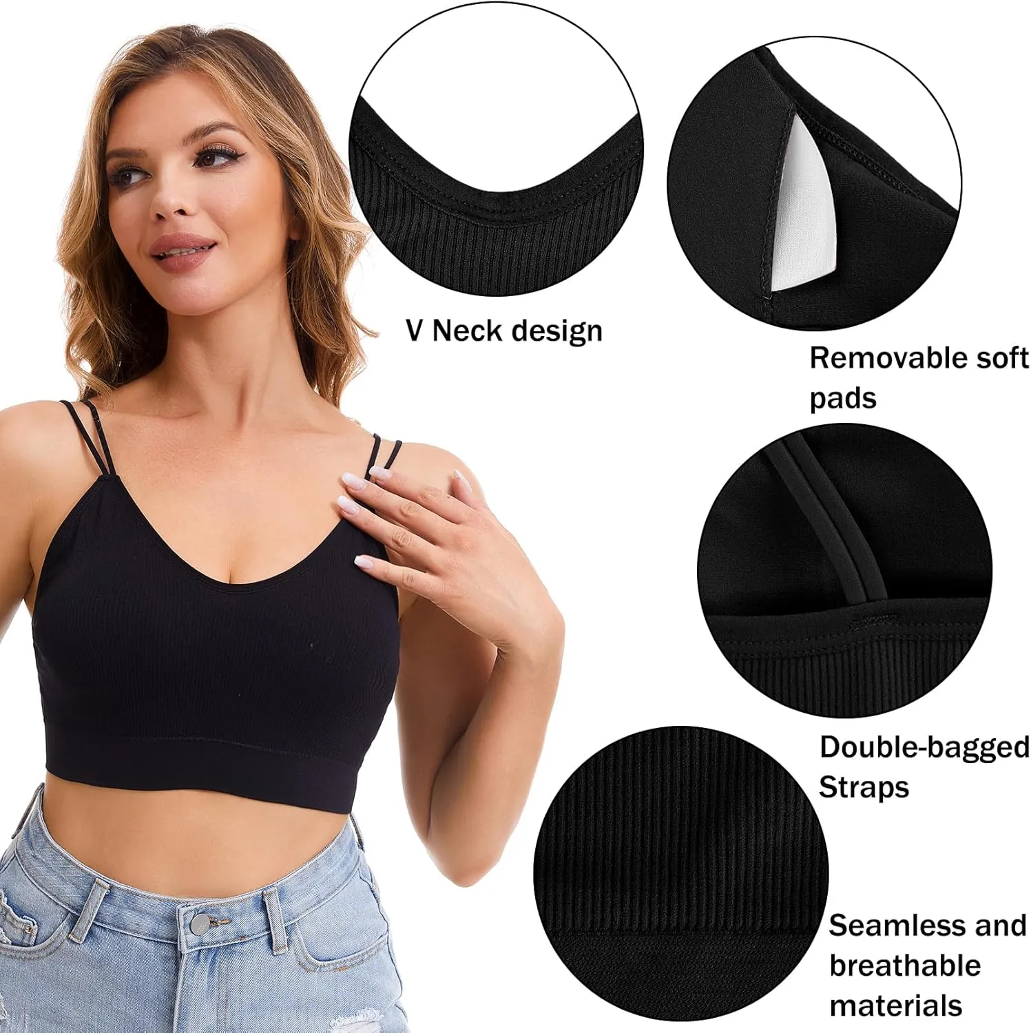 BQTQ 6 Pcs V Neck Bralettes for Women Padded Bralette with Straps Seamless Bra