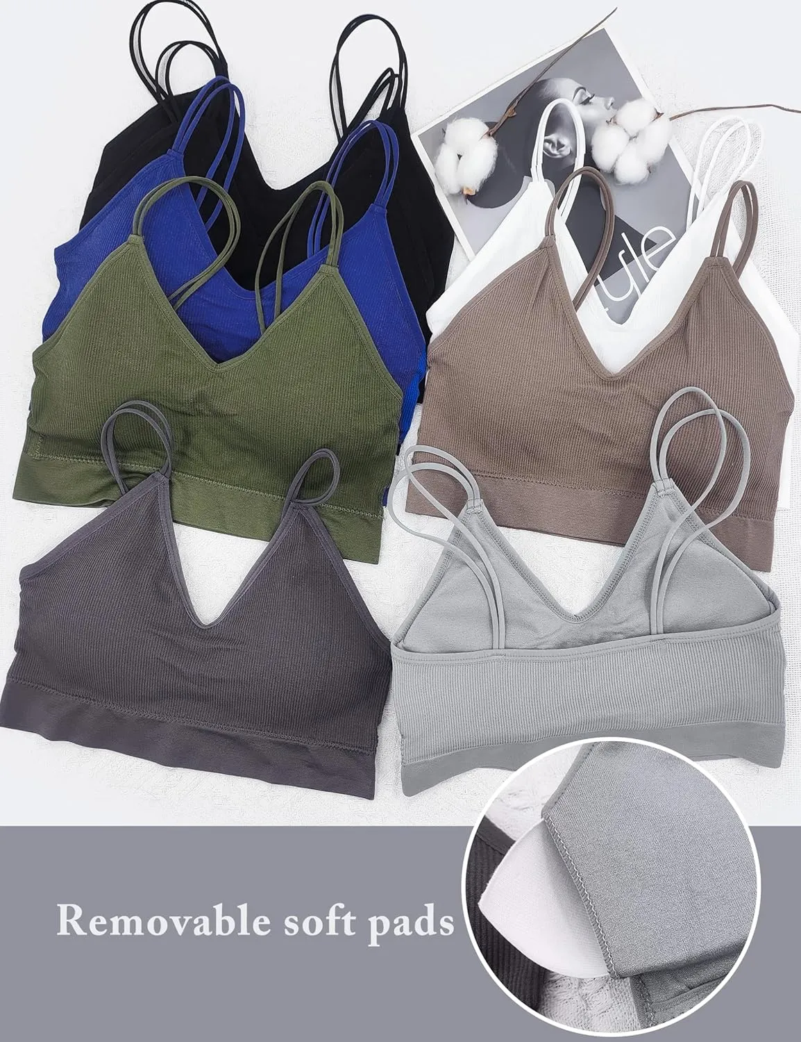 BQTQ 8 Pieces V Neck Bralettes Padded Bralettes for Women with Elastic Straps Seamless Bra
