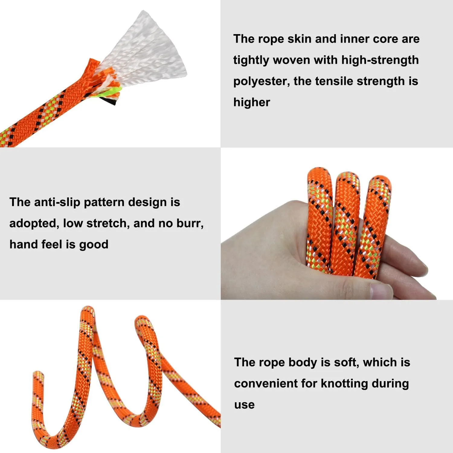 Braided Polyester Rope (3/8 in x 100 ft) Arborist Climbing Rope for Tree Climbing Pulling Swing Sailing, Orange