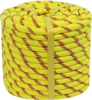 Braided Polyester Rope (3/8 in x 100 ft) Arborist Rope for Tree Work Pulling Swing Sailing, Fluorescent Yellow/Red