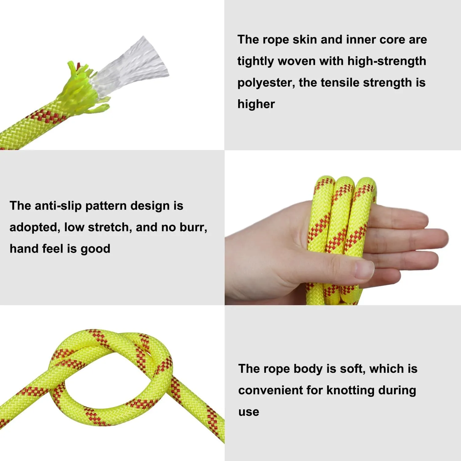 Braided Polyester Rope (3/8 in x 100 ft) Arborist Rope for Tree Work Pulling Swing Sailing, Fluorescent Yellow/Red