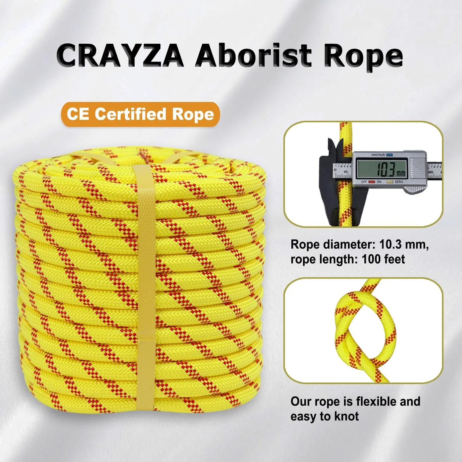 Braided Polyester Rope (3/8 in x 100 ft) Arborist Rope for Tree Work Pulling Swing Sailing, Fluorescent Yellow/Red