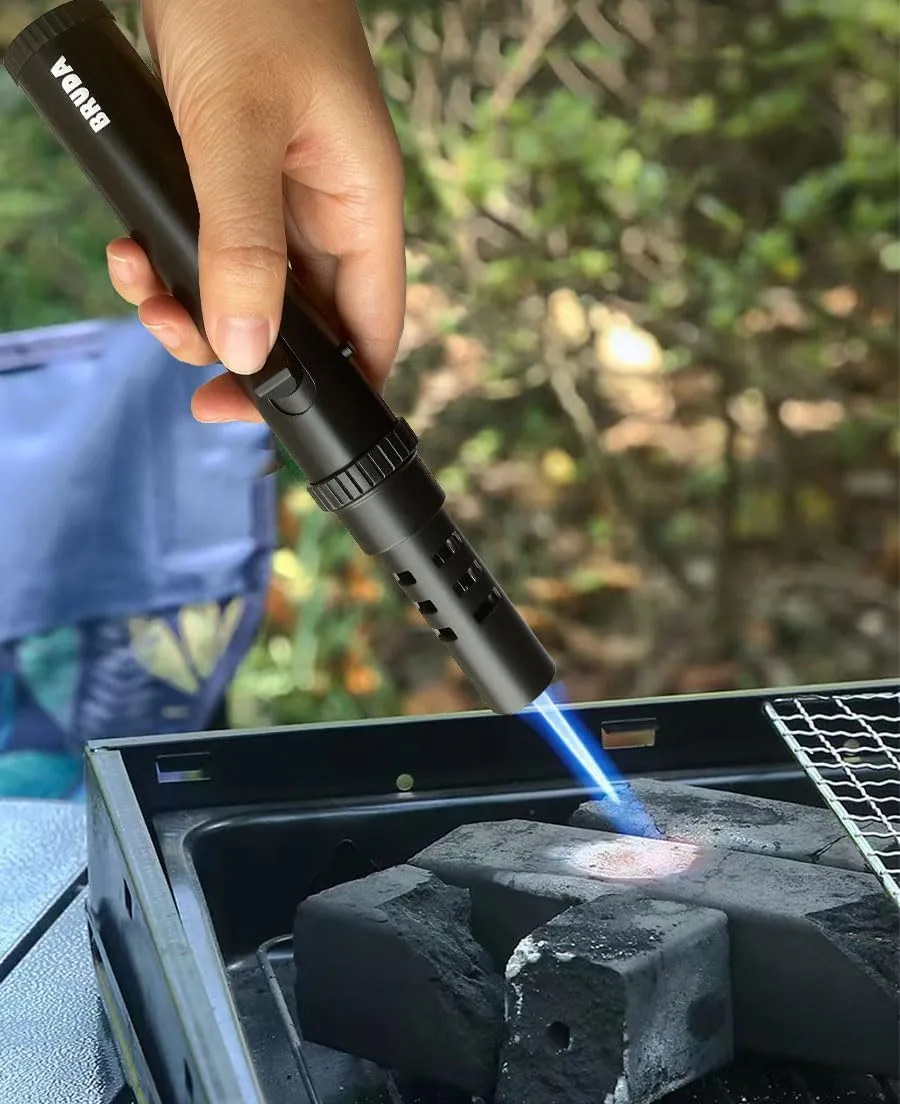 Bruda Hand Metal Butane Torch, Gas Refillable, Adjustable High Jet Flame, Blow Lighter Torch for Camping, Fire, Grill Charcoal, Fireplace, Firewood, Soldering, Cooking, Survival (Butane Not Included)