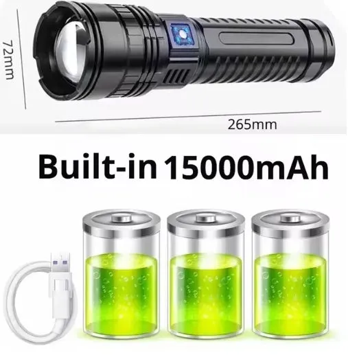 Built-in 15000mAh Battery Ultra Long Life 100000Lumens Ultra Bright LED Flashlight With Tail Light Powerful Tactical Torch Emergency Camping Spotlights