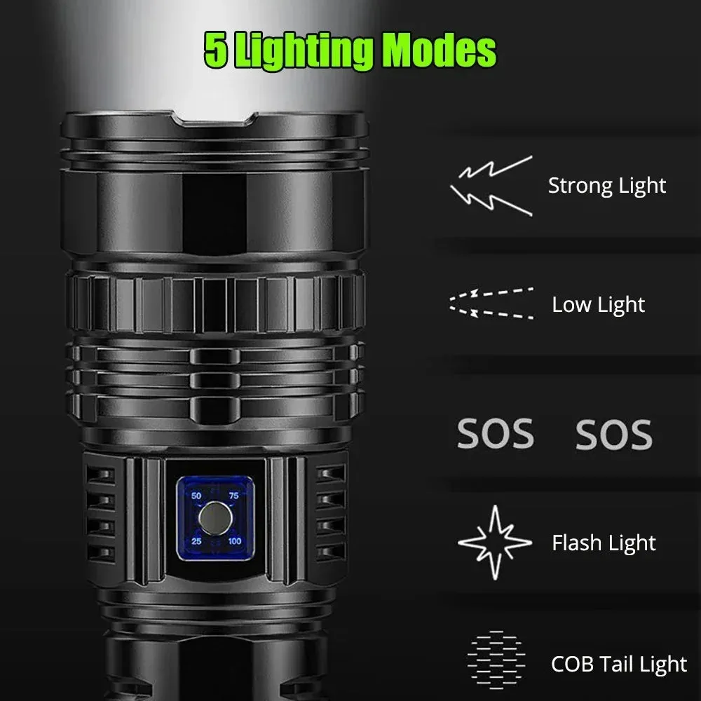 Built-in 15000mAh Battery Ultra Long Life 100000Lumens Ultra Bright LED Flashlight With Tail Light Powerful Tactical Torch Emergency Camping Spotlights