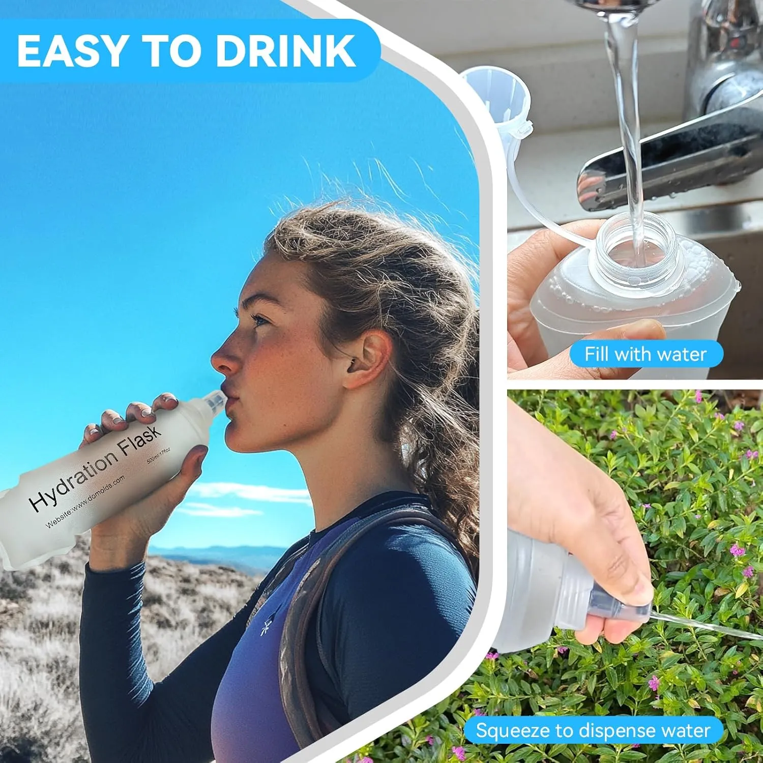 Buite 500ML Soft Flask, Portable TPU Soft Water Bottles for Running Vest, Hydration Pack - Ideal for Running Hiking Cycling Climbing(2Pcs Blue）