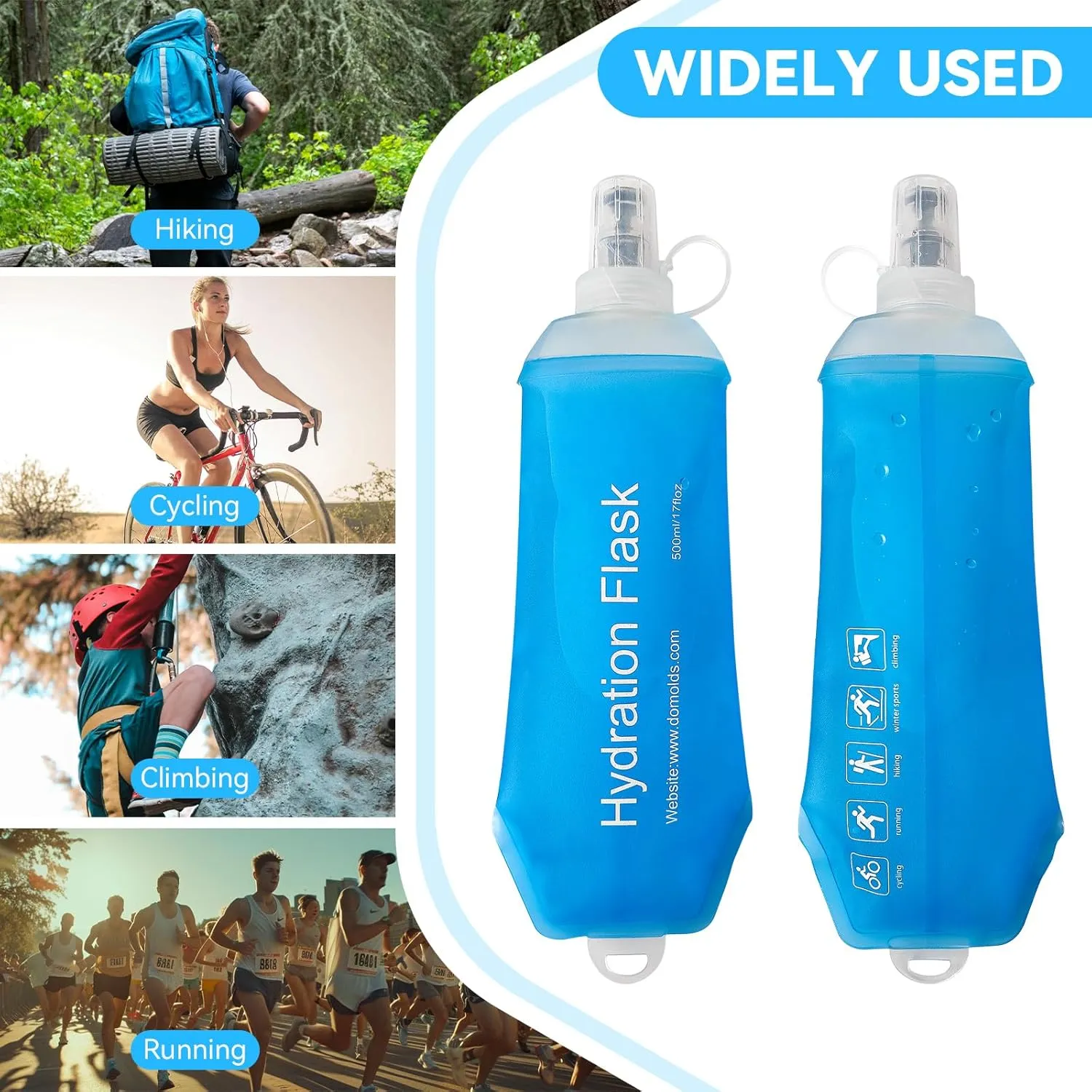 Buite 500ML Soft Flask, Portable TPU Soft Water Bottles for Running Vest, Hydration Pack - Ideal for Running Hiking Cycling Climbing(2Pcs Blue）