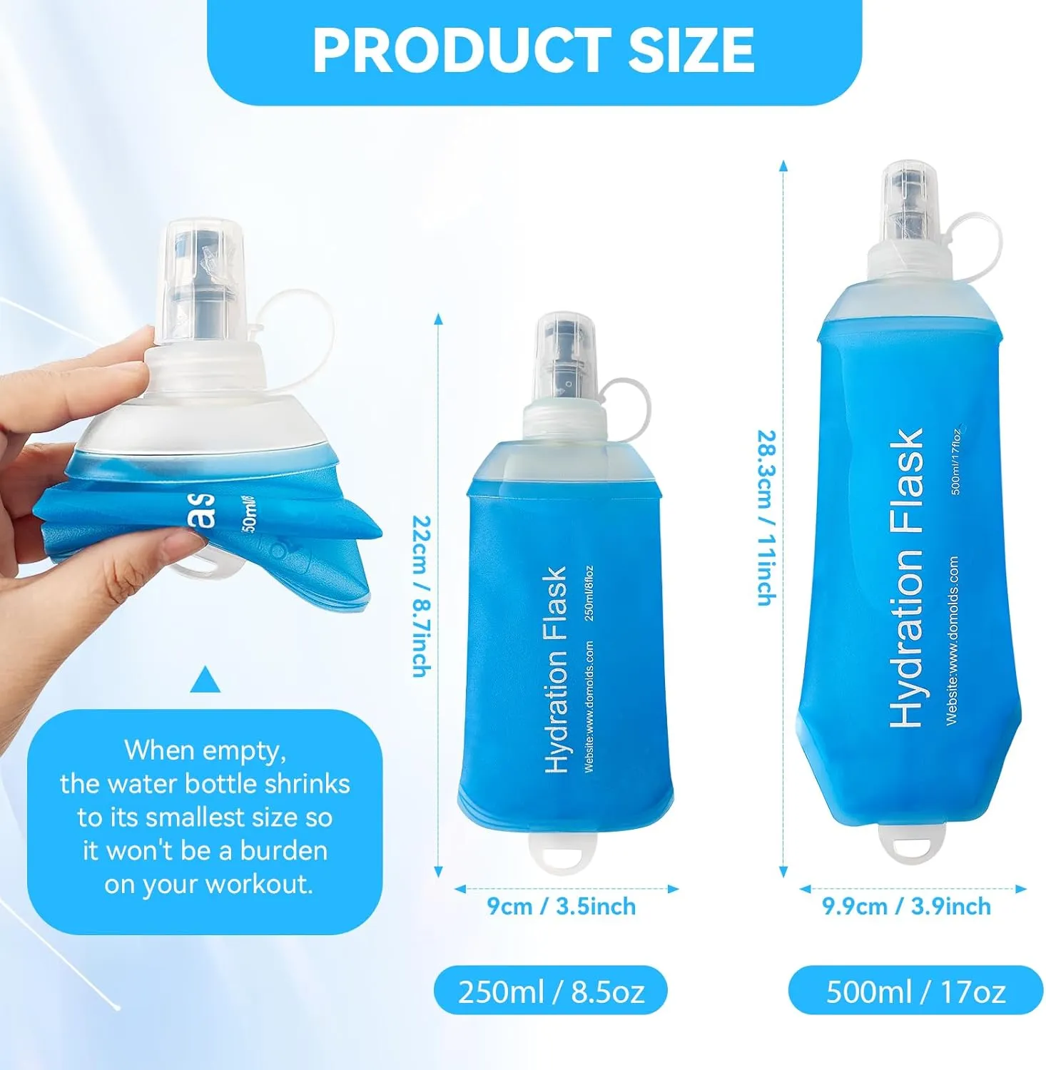 Buite 500ML Soft Flask, Portable TPU Soft Water Bottles for Running Vest, Hydration Pack - Ideal for Running Hiking Cycling Climbing(2Pcs Blue）