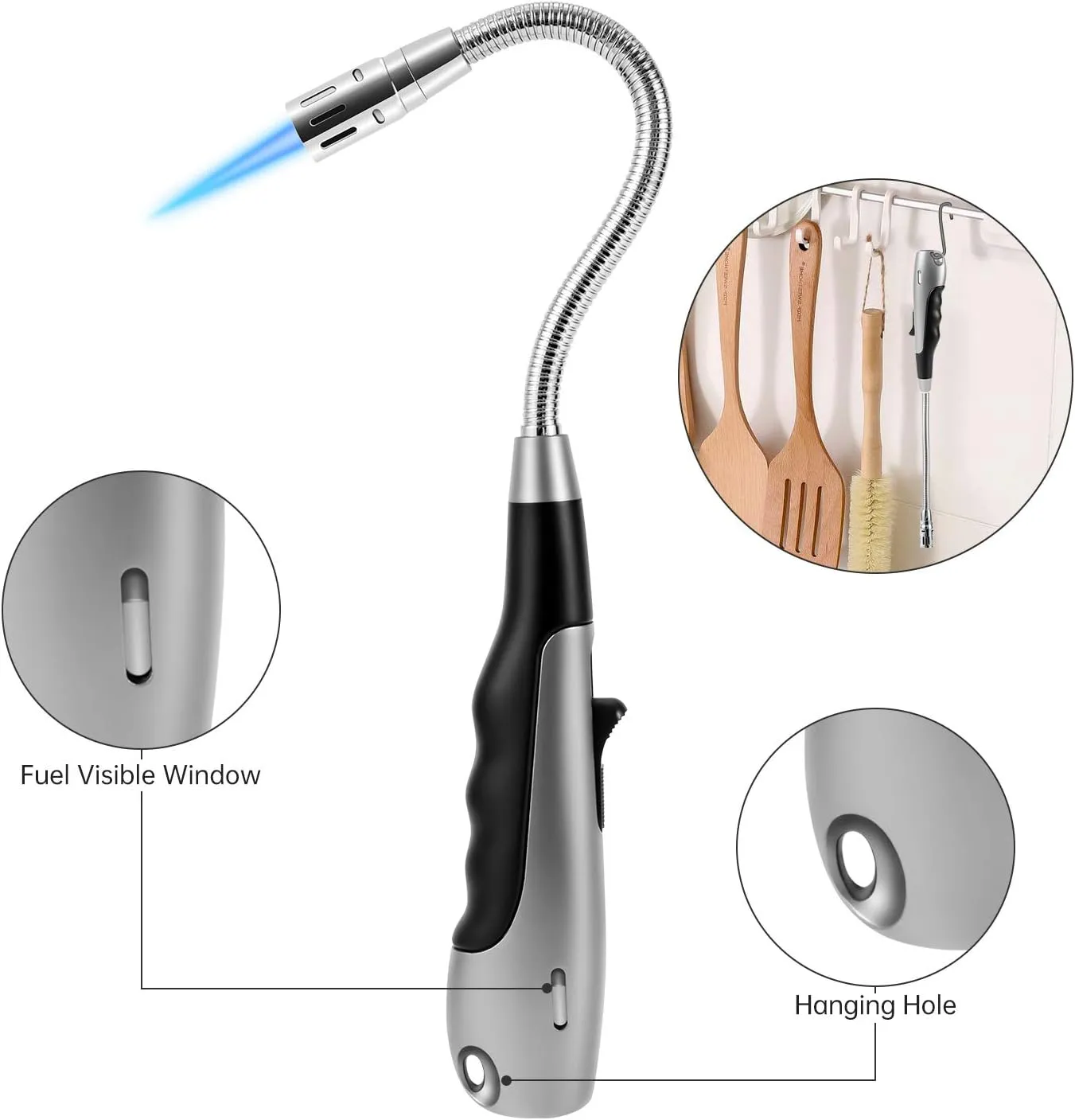 Butane Lighter Torch Long Jet Flame Windproof Lighter with Visual Fuel Window for Fireplace Kitchen Grill BBQ Camping, Black (No Butane Included)