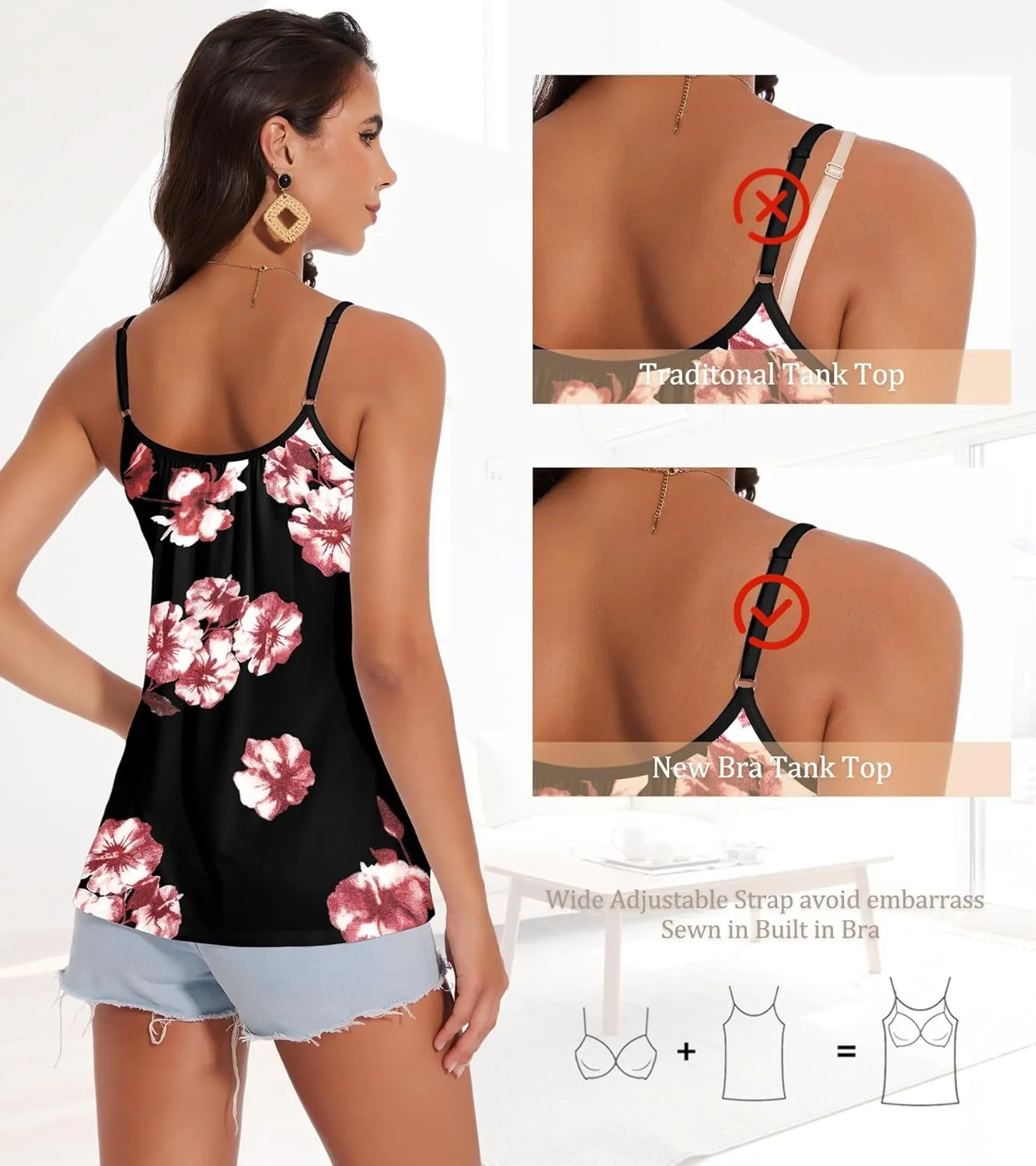 Camisoles for Women with Built in Bra Adjustable Strap Tank Tops Cami Sleeveless Summer Tops for Workout Sleeping Traveling